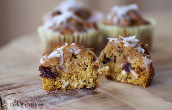 Gluten-Free Pumpkin Sunrise Muffins and Loaf--or both! "This recipe boasts a moist and flavorful cake inside with a combination of tart-sweet cherries, sweet coconut flakes, cinnamon, cloves, allspice and coconut milk, which is then drizzled with an easy maple coconut glaze. Yummy... almost has a Caribbean flair.” [featured on GlutenFreeEasily.com]