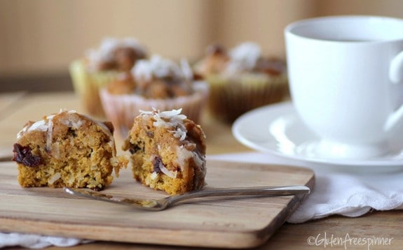 Gluten-Free Pumpkin Sunrise Muffins--or Loaf, or both! "This recipe boasts a moist and flavorful cake inside with a combination of tart-sweet cherries, sweet coconut flakes, cinnamon, cloves, allspice and coconut milk, which is then drizzled with an easy maple coconut glaze. Yummy... almost has a Caribbean flair.” [featured on GlutenFreeEasily.com]