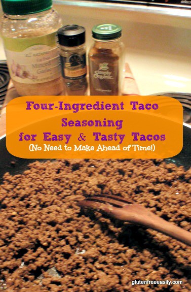 Homemade Four-Ingredient Gluten-Free Taco Seasoning Recipe. No need to make ahead of time. You make it on the spot for easy and tasty tacos. [from GlutenFreeEasily.com]