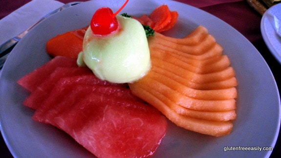 Eating gluten free at Casa del Mar Resort in Cozumel. Fruit Salad with Lime Sorbet--We enjoyed this combination often. [from GlutenFreeEasily.com]