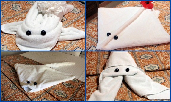 Some of the Towel Critters Who Visited Our Room (e.g., two kinds of stingrays) Casa del Mar Cozumel