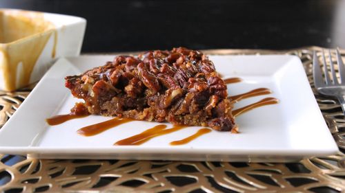 Paleo Pecan Pie with Bacon Crust and Caramel Drizzle