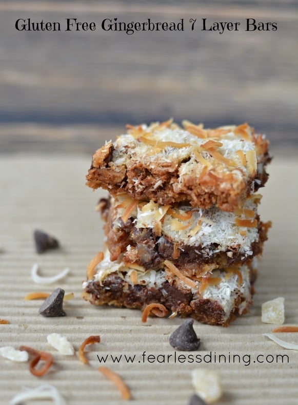 Gluten-Free Gingerbread 7-Layer Bars. Gluten-Free 7-Layer Bars for all seasons. Aka Magic Cookie Bars. Pumpkin, caramel, gingerbread, peppermint.