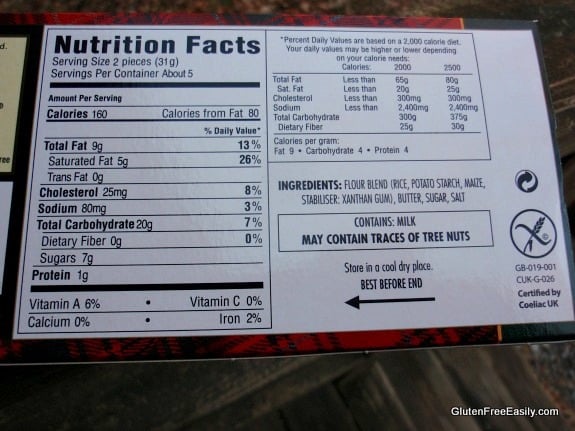 Walker Gluten-Free Shortbread Cookies Ingredients Label