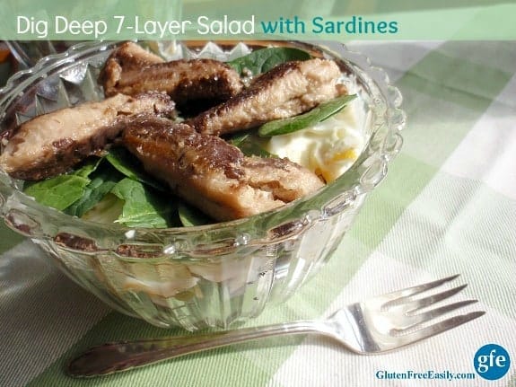 Gluten-Free Dig Deep 7-Layer Salad with Sardines. Protein packed, veggie packed. [from GlutenFreeEasily.com]