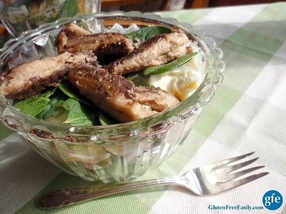 Gluten-Free Dig Deep 7-Layer Salad with Sardines. Protein packed, veggie packed. [from GlutenFreeEasily.com]