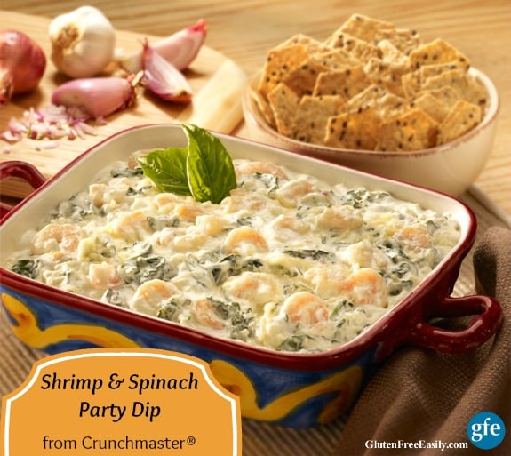 Gluten-Free Shrimp and Spinach Party Dip with Crunchmaster Crackers. (Any gf crackers will work.) One of 17 gluten-free holiday appetizers that will make your New Year celebration! [from GlutenFreeEasily.com] (photo)