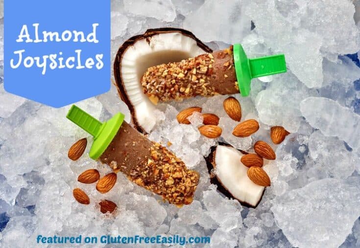 Almond Joy Popsicles. Like frozen candy bars coated in toasted almonds that you eat on a stick![featured on GlutenFreeEasily.com]