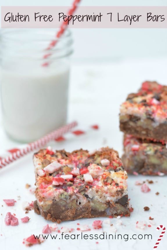 Gluten-Free 7-Layer Bars (Magic Cookie Bars). Peppermint 7-Layer Bars shown. [featured on GlutenFreeEasily.com] (photo)