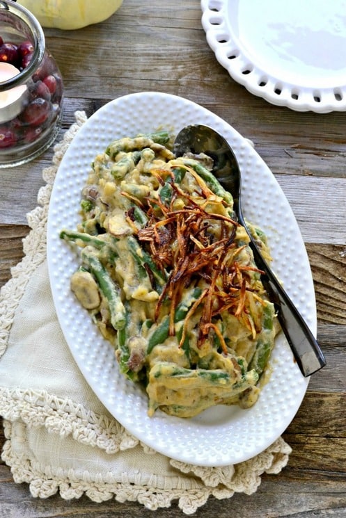 Vegan and Gluten-Free Green Bean Casserole from Fork and Beans. One of over 20 gluten-free green bean casseroles featured on Gluten Free Easily.