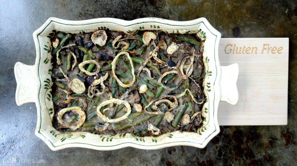 Green Bean Casserole with Easy Homemade Onion Rings from GF Jules. One of over 20 gluten-free green bean casserole recipes and other green bean dishes featured on gfe.
