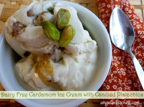 Dairy-Free Cardamom Ice Cream with Candied Pistachios. One of 30 gluten-free pistachio desserts. [featured on GlutenFreeEasily.com]