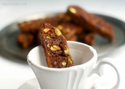 Paleo Chocolate Pistachio Biscotti. One of 30 gluten-free pistachio desserts. [featured on GlutenFreeEasily.com]