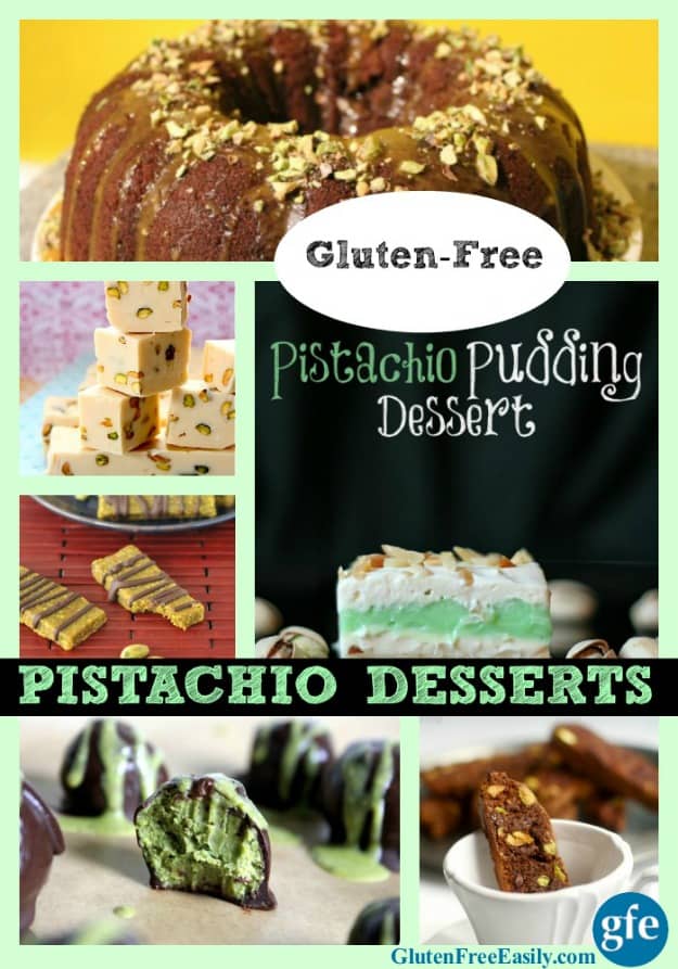Over 30 Gluten-Free Pistachio Desserts. There are recipes for bars, biscotti, candies, cakes, cupcakes, crisps, cookies, hot chocolate, ice cream, parfaits, puddings, truffles, pie crust, and more! [featured on GlutenFreeEasily.com]