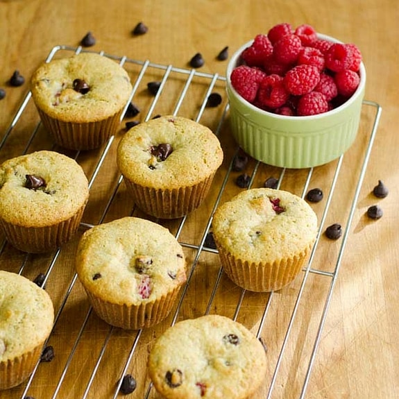 Fresh raspberries and dark chocolate morsels combined in a buttery paleo Raspberry Chocolate Chip Muffin, what's not to love?