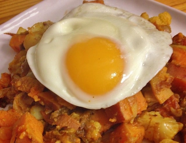 Curried Sweet Potato and Cauliflower Hash from In Johnna's Kitchen. One of many fabulous Gluten-Free Mother's Day Brunch Recipes! This recipe even brings your team good luck!