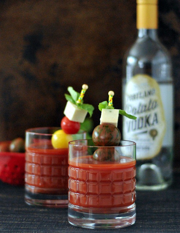 Spicy Caprese Cocktail (aka Bloody Mary with Caprese garnish). From Spabettie. One of many fabulous Gluten-Free Mother's Day Brunch Recipes!