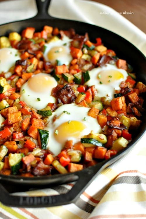 Sweet Potato Breakfast Skillet with Bacon. One of many fabulous Gluten-Free Mother's Day Brunch Recipes! From Allergy Free Alaska.