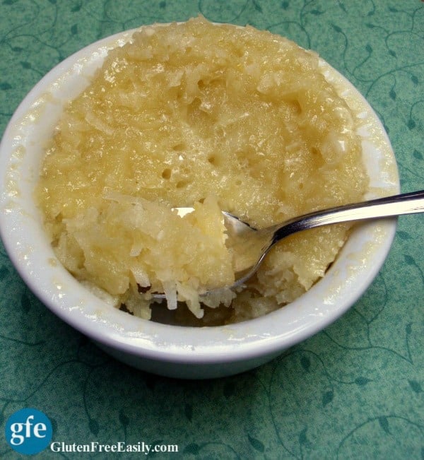 Showing how gluten-free coconut mug pie looks after coming out of the microwave.