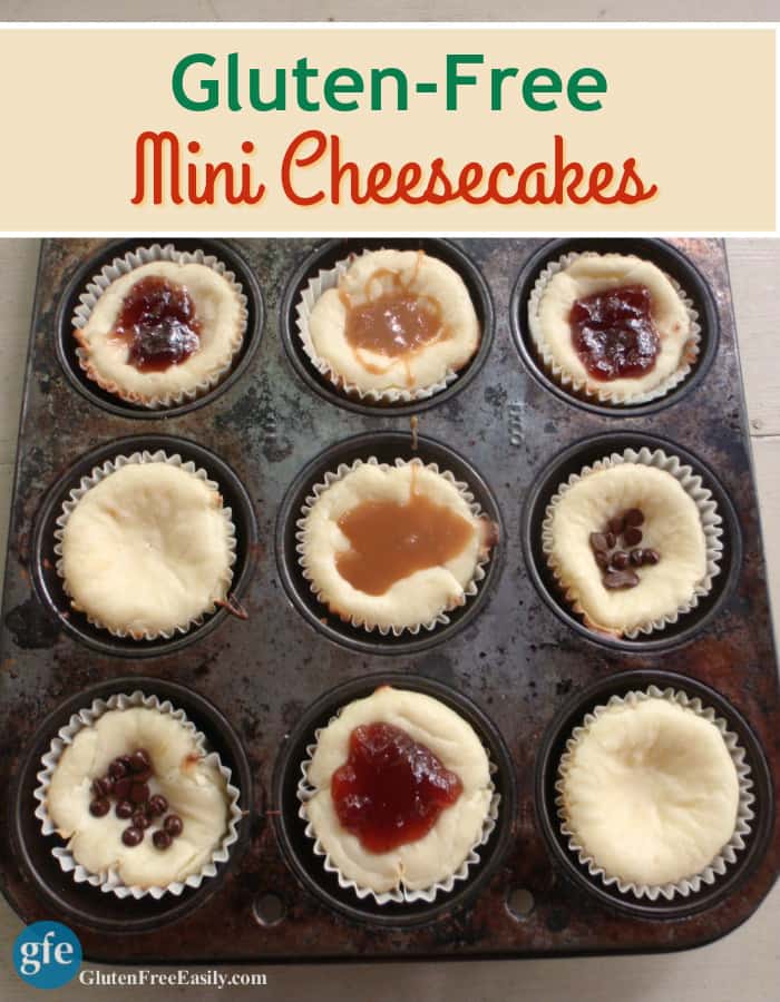 Mini Cheesecakes! Individual Cheesecakes. Cheesecake Cupcakes. Whatever you call them, these gluten-free cheesecake treats will make everyone happy because you leave them plain or top with an assortment of favorite toppings. Super easy to make, too! From Gluten Free Easily. (photo)