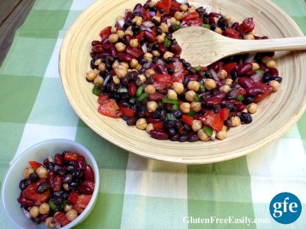 Easy Bean Salad is an old school recipe that will still delight your family and friends! It's packed full of protein, veggies, and is absolutely delicious. Bonus ... it feeds a crowd and will keep for several days if needed. (photo)