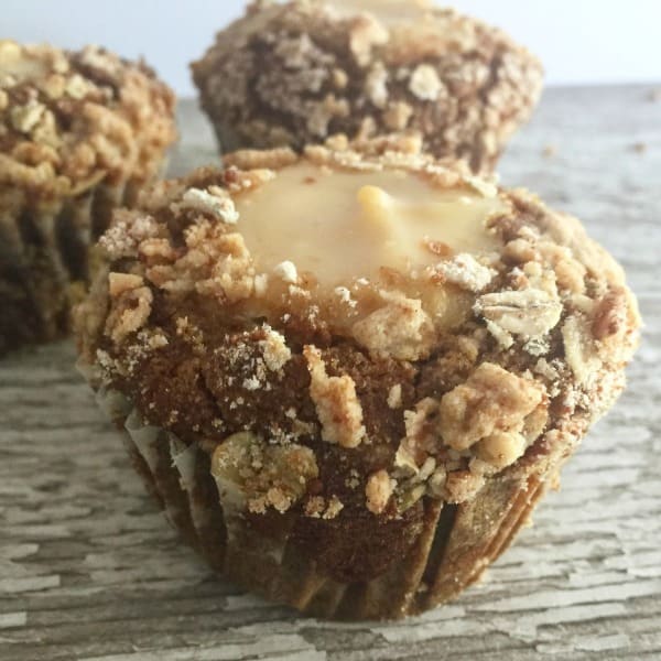 Gluten-Free Pumpkin Streusel Cream Cheese Muffins. Gluten free and vegan. One of over 30 gluten-free pumpkin cheesecake recipes featured on gfe. [GlutenFreeEasily.com]