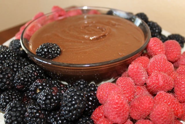 Nut-Free Nutella from Premeditated Leftovers. In bowl with raspberries and blackberries.