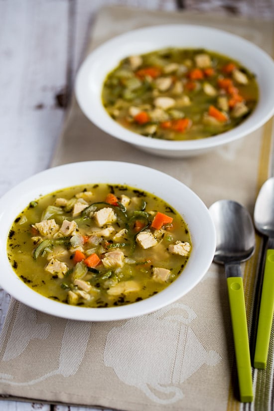 Gluten-Free Chicken Noodle Soup Recipes. Shown is Kalyn's Kitchen's Low-Carb Chicken Soup with Zucchini Noodles recipe. [featured on GlutenFreeEasily.com]