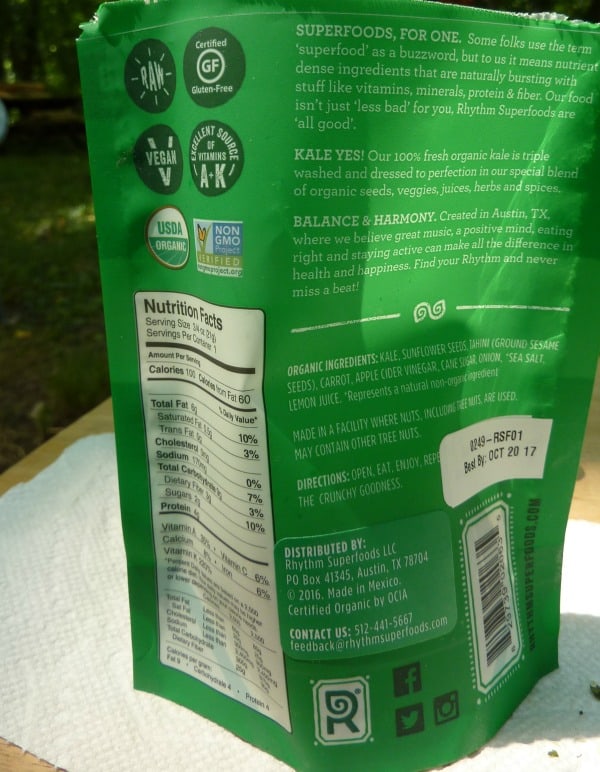 Naturally gluten-free Rhythm Kale Chips ingredients label. Certified gluten free. [featured on GlutenFreeEasily.com]