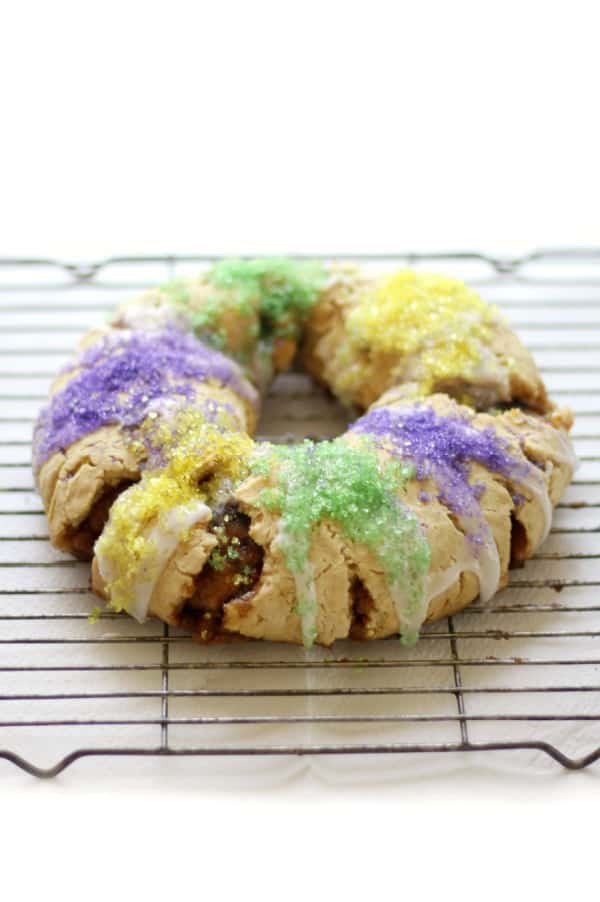 New Orleans Gluten-Free King Cake (Allergy Free, Vegan) on a cooling rack.