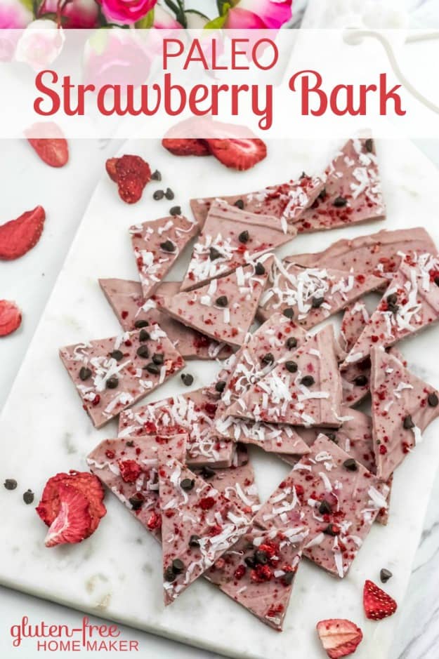 Pink Candy Bark with Coconut, Strawberry, and Chocolate Chip Topping on a large white platter.