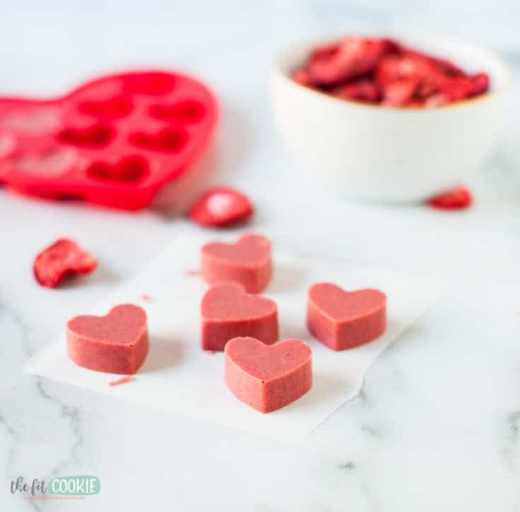 Strawberry White Chocolate Hearts. One of the gluten-free desserts made using freeze-dried strawberries.