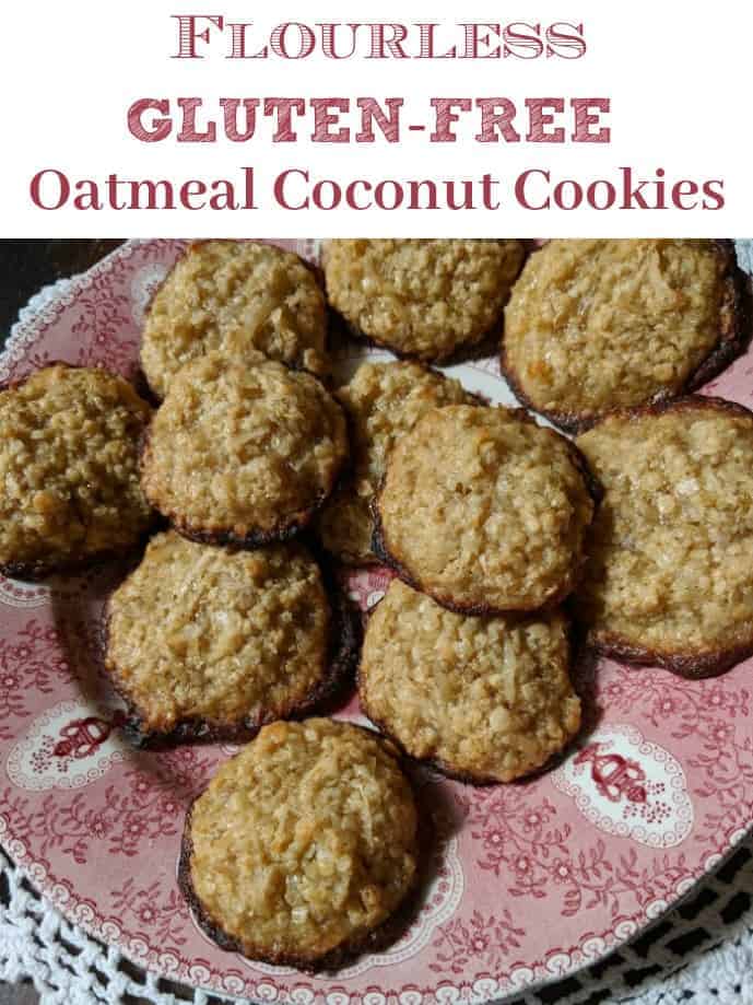 Flourless Gluten-Free Oatmeal Coconut Cookies on red and white plate placed on white linen doily.