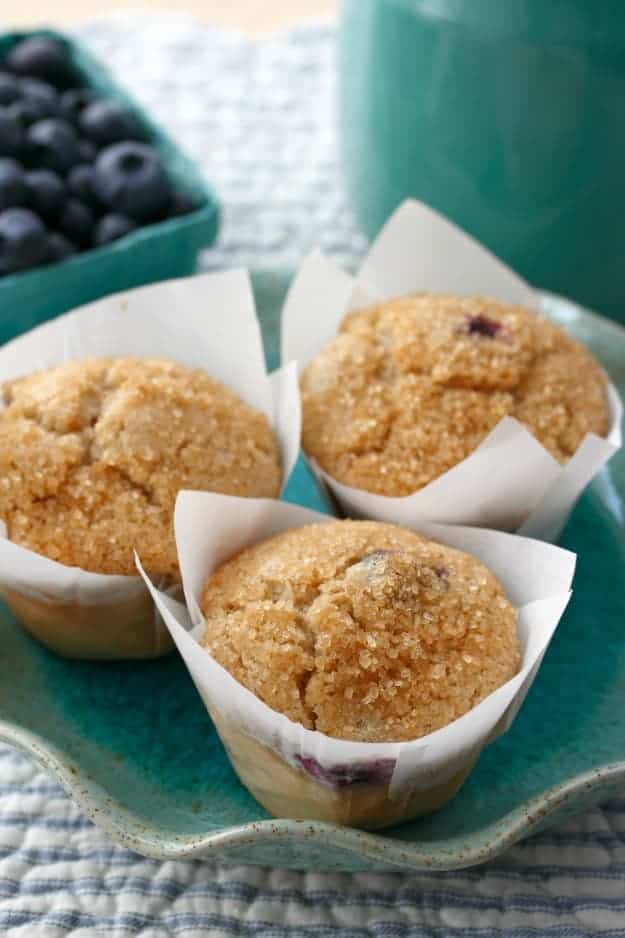 Gluten-Free Blueberry Muffins with Sugar Crunch Topping. These muffins are fabulous when blueberries are in season but also work quite well with frozen blueberries. The raw sugar is what gives these muffins a crunchy top.” One of 20 gluten-free muffin recipes featured on gfe for March Muffin Madness.