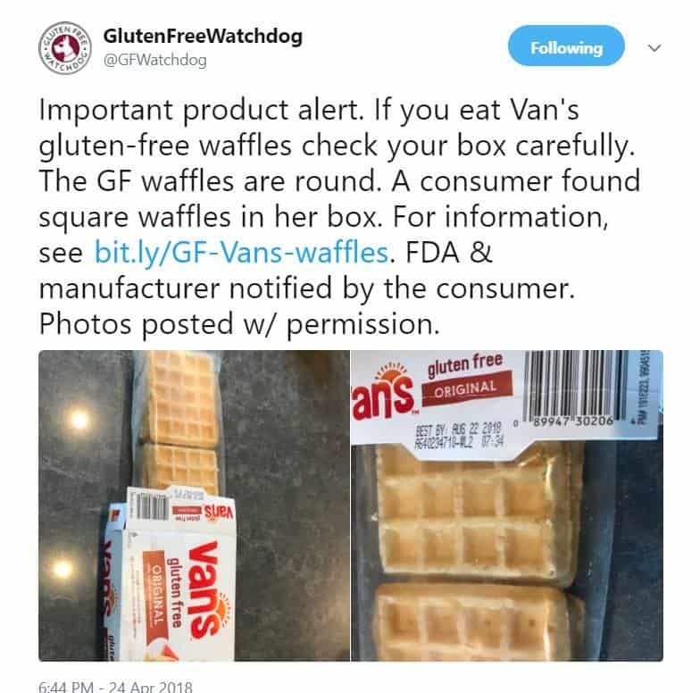 Gluten-Free Watchdog Twitter Post Van's Gluten-Free Waffles
