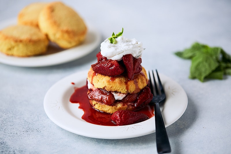 Gluten-Free Keto Strawberry Shortcake. With Balsamic-Roasted Strawberries and Basil Coconut Whipped Cream. One of 25 gluten-free strawberry shortcake recipes on gfe. [featured on GlutenFreeEasily.com]