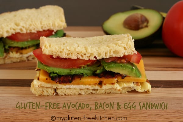 Gluten-Free Avocado Bacon and Egg Sandwich with Hass Avocados. One of 50 gluten-free bacon recipes featured on gfe. [GlutenFreeEasily.com]