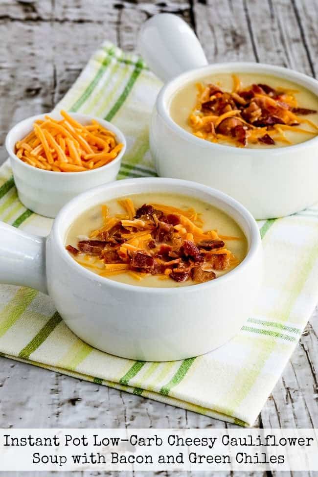 Instant Pot Cheesy Cauliflower Soup with Bacon and Green Chiles. One of 50 gluten-free bacon recipes featured on gfe. [from GlutenFreeEasily.com]