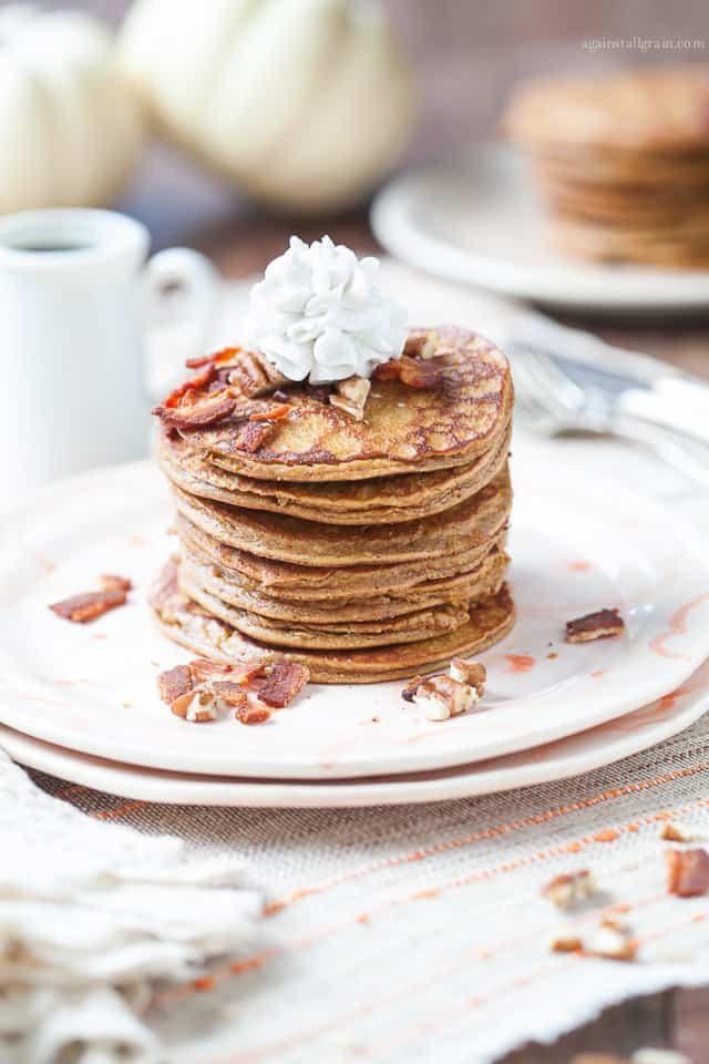 Paleo Pumpkin Pancakes with Bacon and Pecans. One of 50 gluten-free bacon recipes featured on gfe. [from GlutenFreeEasily.com]