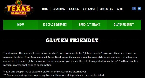 Texas Roadhouse Gluten-Free Warning. "Gluten Friendly" is not what you want to see.