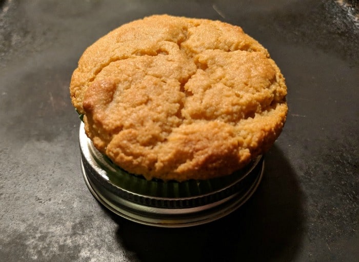 Gluten-Free Keto No Cornbread Muffin baked in canning jar ring. [from GlutenFreeEasily.com]