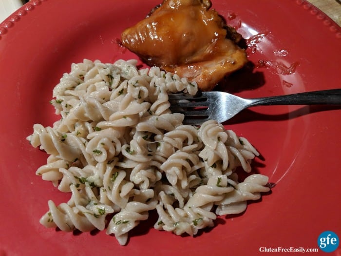 Easy Gluten-Free Parmesan Noodles with Barbecued Chicken Thigh. More pasta than meat; that seems about right, doesn't it? [from GlutenFreeEasily.com]