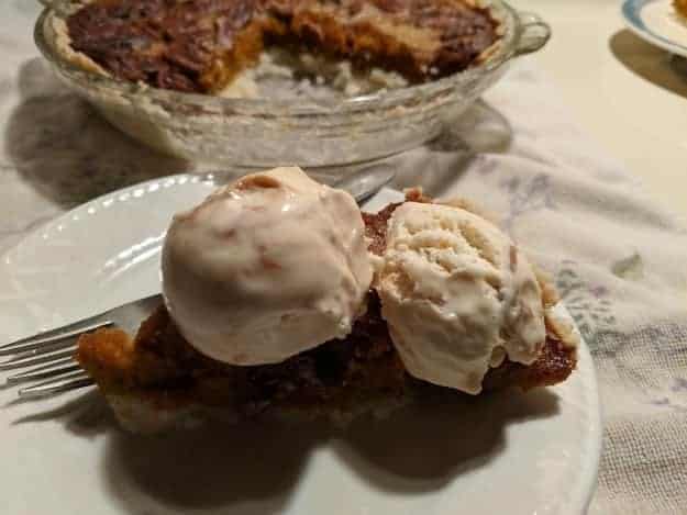 Gluten-Free Sweet Potato Pecan Pie Slice with two scoops of caramel ice crea. Oh my, what a trifecta of flavors! [from GlutenFreeEasily.com]