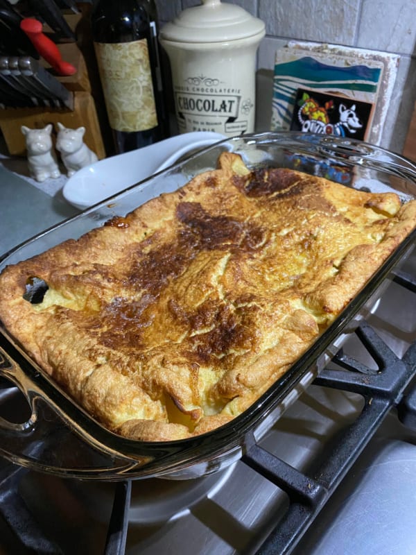 Gluten-Free Apple Cinnamon Volcano Pancake made by reader Richard with apple pie filling.