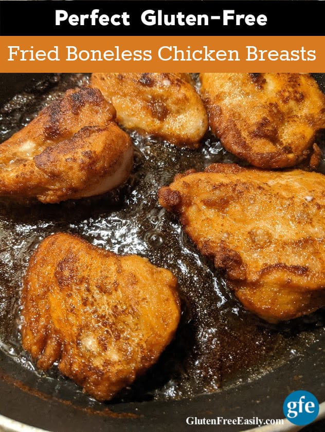 Perfect Gluten-Free Fried Chicken Breasts frying in the skillet.