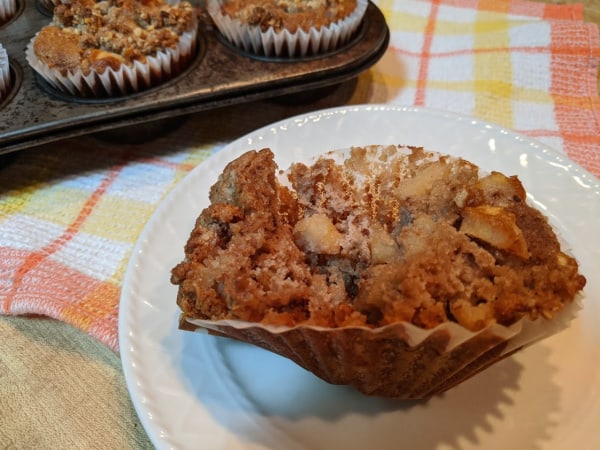 Gluten-free and paleo Apple Crumb Muffins in old Ecco muffin tin cooling on plaid cotton dish towel. One muffin pulled from the tin and ready to eat.