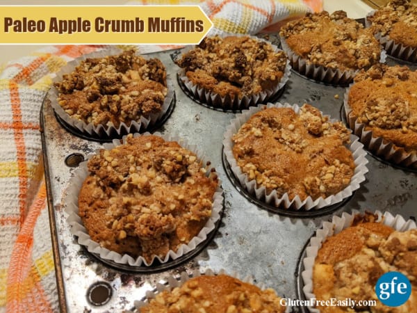 Gluten-free and paleo Apple Crumb Muffins in old Ecco muffin tin cooling on plaid cotton dish towel.