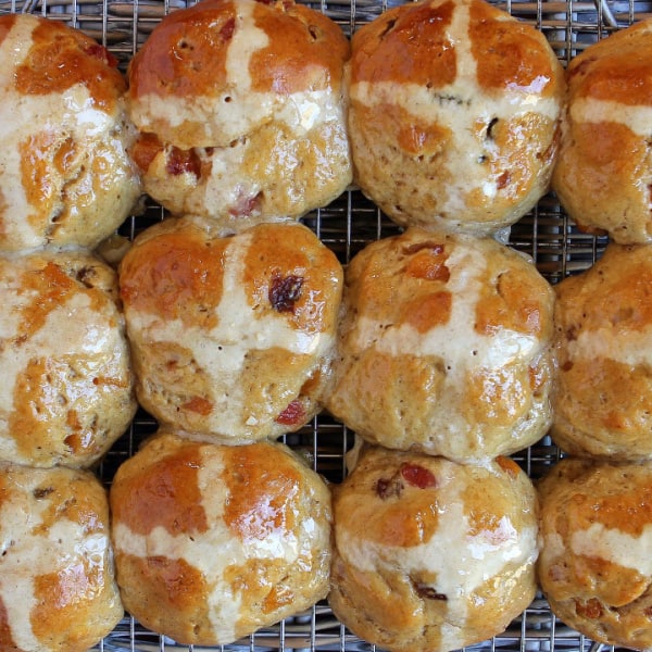 Side-by-side Gluten-Free Marzipan Hot Cross Buns with a hidden Marzipan surprise! From Gluten-Free Alchemist.