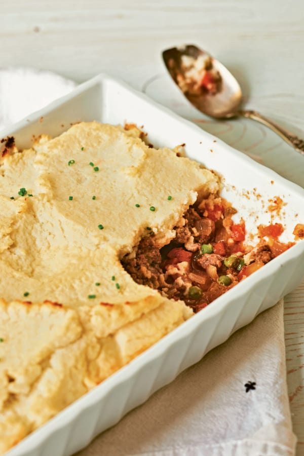 Gluten-Free Shepherd's Pie with Whipped Cauliflower Topping. Slice missing.