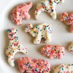 Gluten-Free Animal Crackers (Circus Animal Cookies) frosted with sprinkles on a white plate from Fearless Dining. One of the gluten-free animal cracker recipes featured on gfe.